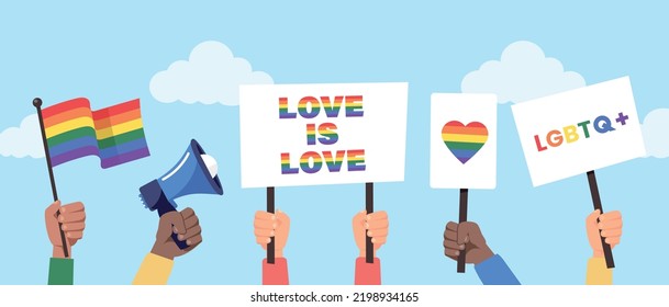 People hold megaphone, posters and flag with lgbt rainbow. Lgbt crowd protest. People protesting against homophobic concept. Vector stock