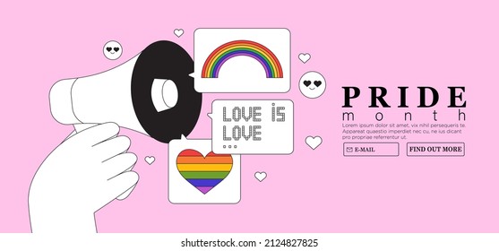 People hold megaphone with speech bubbles announcing the beginning of pride month or week celebration against violence, descrimination, human rights violation. LGBTQ community holiday banner, placard.