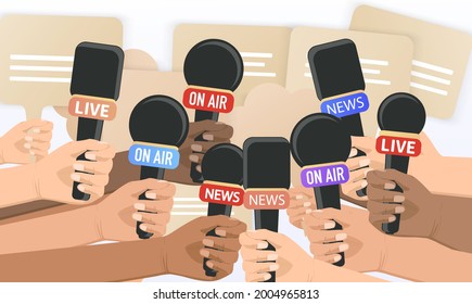 People hold microphones. Journalists, Reporters. Take interviews, give interviews. Breaking news. True, the right to vote. Strike, protests, demonstration. Live. Broadcast from the place of the event.