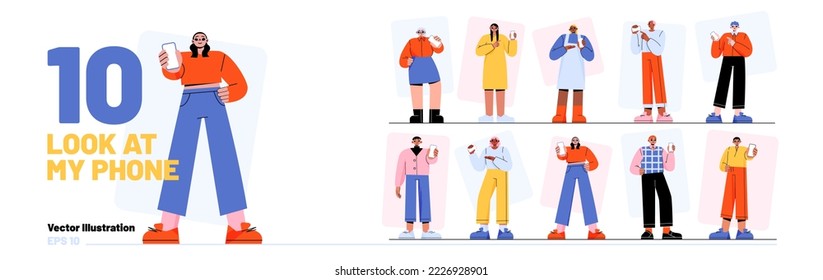 People hold mobile phone in hands and show blank screen. Diverse men and women using smartphone, looking and pointing on empty white display, vector flat illustration