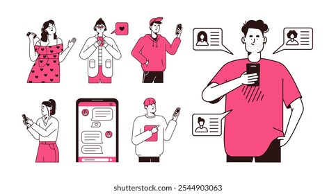 People hold mobile phones in hands set. Men and women surfing internet, social media with smartphones. Outline persons communicate, texting with telephones. Flat isolated vector illustrations on white