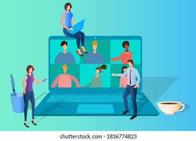 People hold an online conference.People on the background of a laptop with a webcam.The concept of freelancing remote work and doing business online.Isometric vector illustration.