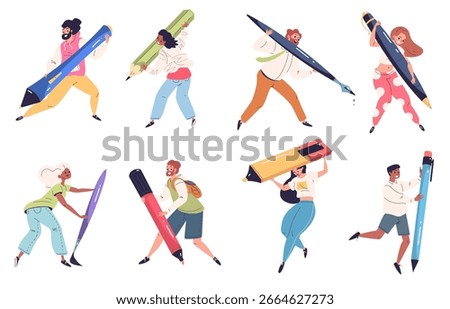 People hold pen. Tiny person write big pencil, draw giant paintbrush student holding large brush marker designer copywriter digital artist editor painter classy vector illustration