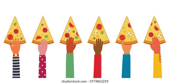 People hold pizza in their hands, top view. Piece of Pizza with tomatoes, cheese, mushrooms, olives, sausage, basil in hand. 