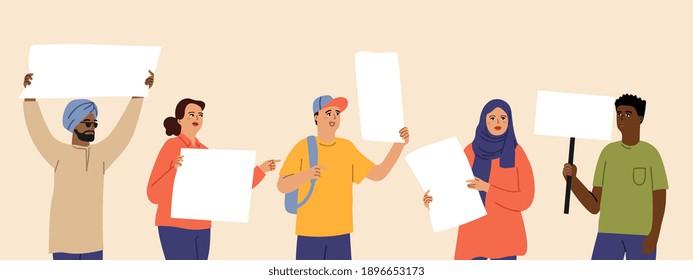 People hold placards. Demonstration, meeting protest with empty banners. Diverse man woman characters express their opinion vector illustration