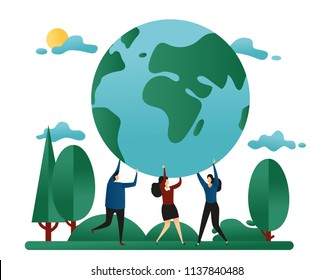People Hold The Planet. Concept Of The Earth Day. Ecological Save The Planet Holiday. Vector Illustration
