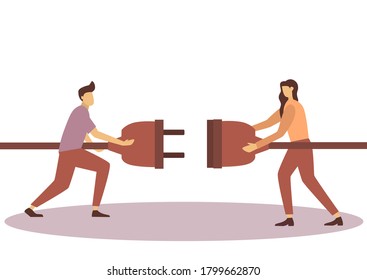 People Hold Plug in Hands. Man and Woman Connecting Power Socket. Teamwork Business Connection, Partnership, Cooperation Concept. Vector flat illustration
