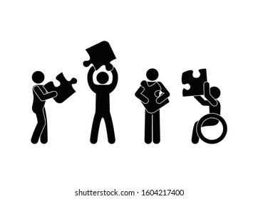 people hold puzzles, sticks figure human silhouette, pictogram man, inclusion symbol and accessible environment for disabled people