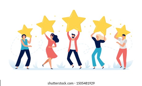 People hold rating stars. Customer feedback, clients choices ratings and customers satisfaction review. Rate feedback, talent show award or positive vote vector illustration