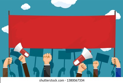 People hold red blank banner with copy-space. Pickets and demonstrations. Strike of workers. Vector illustration.