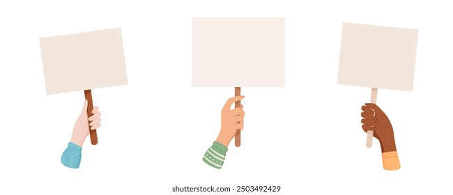 People hold revolution blank signboard set, hand show up support banner collection, person holds template empowerment flag, right activist raise protest poster, woman parade demonstration board,