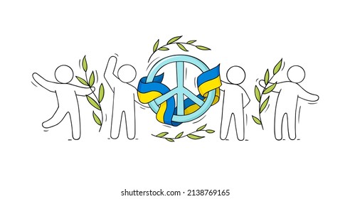 People hold sign of pacifism and the flag of Ukraine. Support concept for Ukraine. Vector cartoon icon with olive branches and people against war.