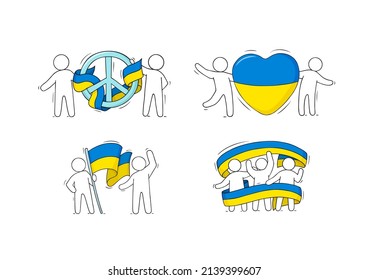 People hold sign of pacifism and the flag of Ukraine. Icons set - Support concept for Ukraine. Vector cartoon illustrations with people against war.