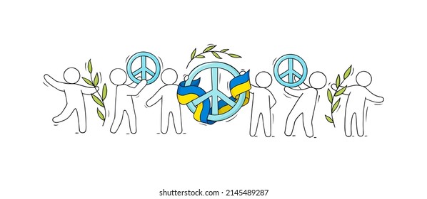 People hold sign of pacifism and the flag of Ukraine. Support concept for Ukraine. Vector cartoon icon with olive branches and people against war.
