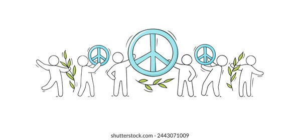 People hold sign of pacifism and the olive branches. Support concept for peace and Ukraine support. Vector cartoon icon with pacifist sign and people against war.