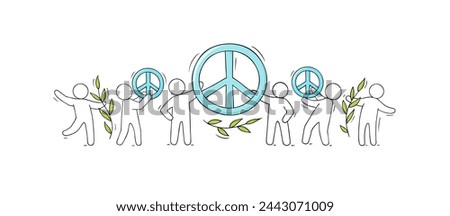 People hold sign of pacifism and the olive branches. Support concept for peace and Ukraine support. Vector cartoon icon with pacifist sign and people against war.