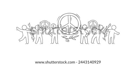 People hold sign of pacifism and the olive branches. Support concept for peace and Ukraine support. Vector cartoon icon with pacifist sign and people against war.