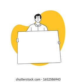 People hold signs protesting unhappy yellow background. Hand drawn style simple style vector illustration