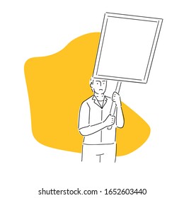 People hold signs protesting unhappy yellow background. Hand drawn style simple style vector illustration