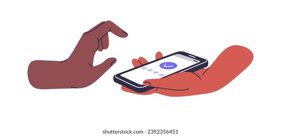 People hold smartphone in hand, press on phone screen. User check approve payment, accept agreement. Complete operation, success, mobile vote. Flat isolated vector illustration on white background