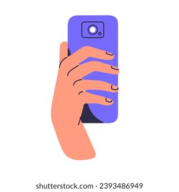 People hold smartphone in hand, take photo using cellphone, photography, create digital shot. Mobile phone with camera. Modern technology. Flat isolated vector illustration on white background