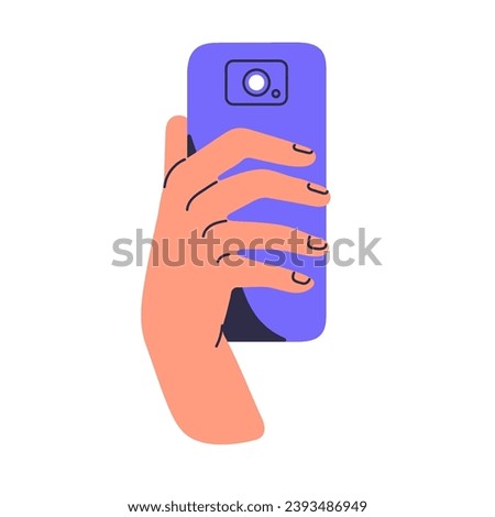 People hold smartphone in hand, take photo using cellphone, photography, create digital shot. Mobile phone with camera. Modern technology. Flat isolated vector illustration on white background
