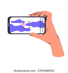 People hold smartphone in hand. User take photo, shot sky view by camera app. Person using mobile phone for photography sun and clouds. Modern technology. Flat isolated vector illustration on white