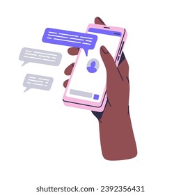 La gente tiene el smartphone en la mano. Usuarios que usan la aplicación de mensajería para comunicarse. Chat en línea, conversación en internet, mensajes de texto por teléfono. Tecnología moderna. Ilustración vectorial aislada plana en blanco