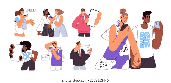 People hold smartphones set. Men and women call, texting, surfing the Internet by mobile phone, show screen. Characters communicate online by telephone. Flat isolated vector illustrations on white