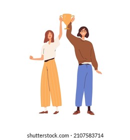 La gente lleva trofeo a los ganadores. Mujeres felices con una taza de oro en las manos. Emocionantes trabajadores de oficina con premio. Ganar el concepto de recompensa de negocios. Ilustración vectorial plana aislada en fondo blanco