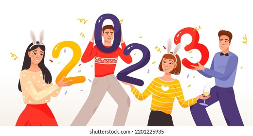 People holding 2023 New Year numbers in hands. Happy people celebrating the beginning of the new year. Cartoon vector illustration