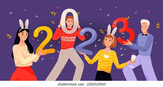 People holding 2023 New Year numbers in hands. Happy people celebrating the beginning of the new year. Cartoon vector illustration
