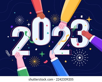 People holding 2023 New Year numbers with hands with diversity.
Happy new year 2023 banner with diverse hands holding 2023 number.
Suitable for greeting card, postcard, web, social media, marketing