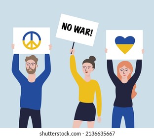 People holding anti-war protest placards. Protesting against war in Ukraine. 