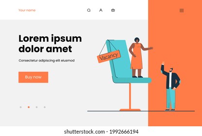 People holding, applying for one position. Flat vector illustration. Tiny woman transferring authority, man standing near giant chair, symbolizing vacant position. Vacancy, job, sourcing concept