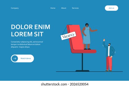 People holding, applying for one position. Flat vector illustration. Tiny woman transferring authority, man standing near giant chair, symbolizing vacant position. Vacancy, job, sourcing concept