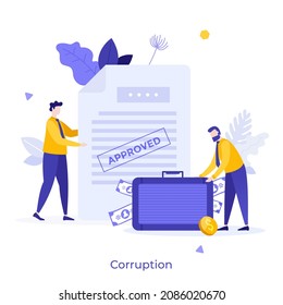 People holding approved contract and briefcase full of money. Concept of political or government corruption, financial fraud, bribery and embezzlement. Modern flat vector illustration for banner.