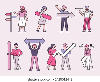 People holding arrows. flat design style minimal vector illustration