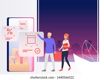 People holding bags and shopping online. Internet, buying, marketing concept. Vector illustration can be used for topics like business, sale, online shopping