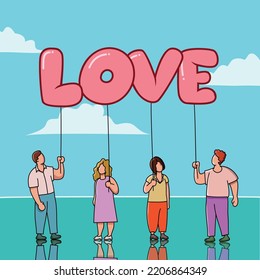 People Holding Balloon Signs Love Vector Illustration. Flat vector Illustration. Can be used as greeting card or poster
