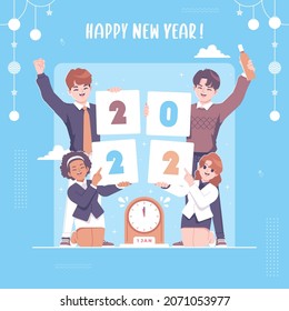 people holding banner happy new year illustration background
