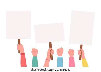 People holding banner or placard. Placard protest, street demonstration, demonstrate. Vector illustration