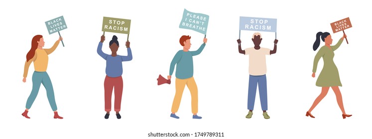 People  holding banners, manifesting activists demonstrating empty signs.  Group of male and female protesters or activists. Black lives matter banner about Human Rights of Black People in U.S. 