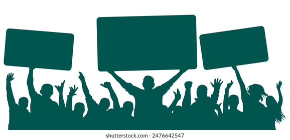 People holding banners on background of cheerful crowd people, silhouette. Audience agitation. Vector illustration