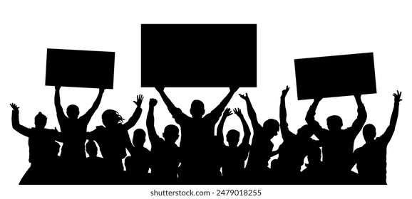 People holding banners on background of cheerful crowd people, silhouette. Audience agitation. Vector illustration