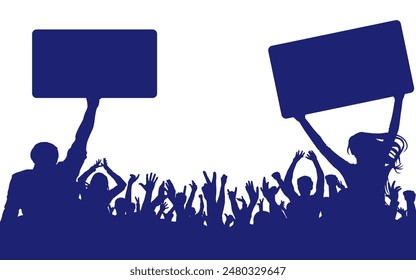 People holding banners on background of cheerful crowd people, silhouette. Audience agitation. Vector illustration