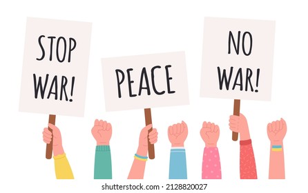 People Holding Banners And Placards. No War Concept. Street Demonstration, Placard Protest, Political Revolution, Demonstrate. Vector Illustration