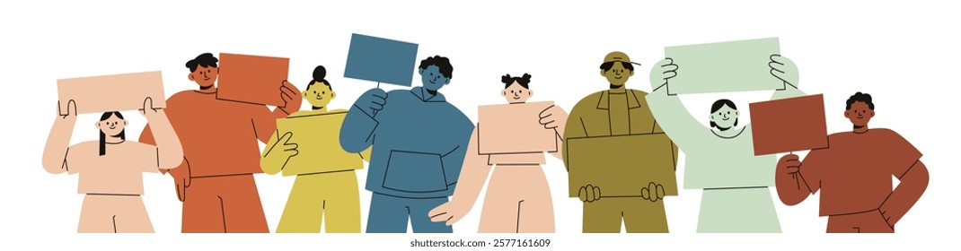 People holding banners, placards for protest. Happy public activists standing together, supporting with paper posters, sign boards in hands. Flat vector illustration isolated on white background