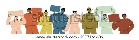 People holding banners, placards for protest. Happy public activists standing together, supporting with paper posters, sign boards in hands. Flat vector illustration isolated on white background