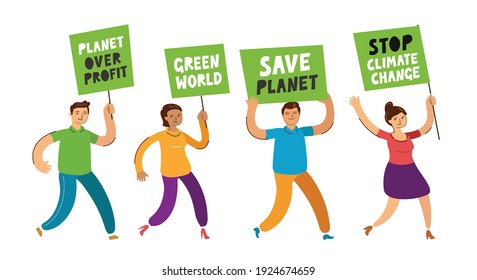 People holding banners and posters for environmental protection. Ecology concept vector illustration